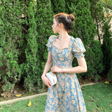 Amfeov Women Summer Floral Print Dress Female Fashion Puff Sleeve Sexy Split Slim Dresses Elegant Vintage Dress Plus Size Vestidos