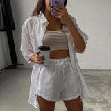 Casual Womem Yellow Lounge Wear Summer Tracksuit Shorts Set Long Sleeve Shirt Tops And Mini Shorts Suit 2021 New Two Piece Set