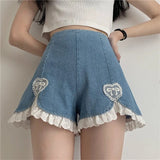 YBYR Cute Lolita Girls Denim Shorts Japanese Sweet High Waist Lace Irregular Women's Shorts S-4XL Summer Kawaii Sexy Blue Shorts
