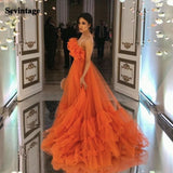 Orange Ruffles Tulle Evening Party Dresses Strapless Tiered Plus Size Prom Dresses 2021 A Line Special Occasion Gowns