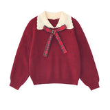 Christmas Gift Female Sweater Christmas Red Bow Sweater Pullover Doll Lapel Sweet Loose Lazy Retro New Year Red Women Sweater Top Autumn Winter