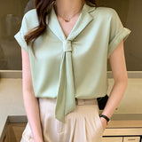 Back To School Amfeov 2024 Summer Short Sleeve Chiffon Shirt Women V-Neck Tie Solid Loose White Blouses And Shirts Korean Plus Size Women Tops 13926