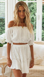 Back to School  2022 Summer Two Piece Sets Women Bohemian Casual Beach Skirts 2Pcs Sets Lace Off Shoulder Crop Tops And Short Pleated Skirt
