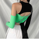 Amfeov E-girl Punk Style Open Shoulder Hollow Out Patchwork T-shirts Y2K Fashion O-neck Long Sleeve Crop Green Tops Partywear
