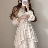 Amfeov Summer Dress Chiffon Floral Dress Female Midi Dress 2022 New Korean One-Piece Chic Retro O Neck Double Layer Ruffled Lace Dress