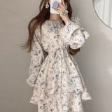 Amfeov Summer Dress Chiffon Floral Dress Female Midi Dress 2022 New Korean One-Piece Chic Retro O Neck Double Layer Ruffled Lace Dress