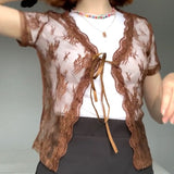 Rapcopter Floral Lace Cardigans Y2K Brown Crop Top Frill Cute T Shirt Tie Up Short Sleeve Tshirt Women Harajuku Tee Top Vintage