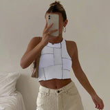 Amfeov back to school Rapcopter Patchwork Knitted Tank Top Sleeveless y2k Crop Top O Neck Frill Croset White Pullovers Women Streetwear Summer Sweats