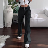 Brown Vintage Baggy Jeans Women Y2K High Waist Pocket Cargo Pants 90s Streetwear Straight Trousers Harajuku Summer 2021