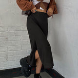 Rockmore Brown Y2K Vintage Satin Women'S Midi Skirt Kawaii Harajuku Split High waist Long Skirts Korean Fashion E Girl Summer