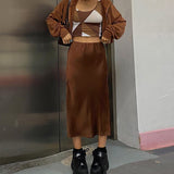Rockmore Brown Y2K Vintage Satin Women'S Midi Skirt Kawaii Harajuku Split High waist Long Skirts Korean Fashion E Girl Summer