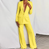 Amfeov Two Piece Women Business Blazer Set Office Lady Solid Colors Formal Suits With Buttons New Pink Yellow Commute Blazer Pants Set