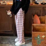 Thanksgiving Day Gifts Summer Women Pink And Black Plaid Pants Casual Oversize Wide Leg Trousers Korean Teens Retro Hip-Hop Unisex Straight Trouser
