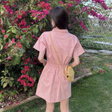 Amfeov Barbie outfits Polo Collar Button Waist Pink Women's Short Sleeve Dress Summer Hong Kong Style Leisure Young Girl Yellow Skirt Female