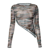 Amfeov Fall outfits back to school   Camo Printed Mesh T Shirt Y2k Streetwear Sexy See Through Irregular Long Sleeve Crop Tops for Women 2024 Fall C85-AE10