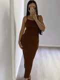 Amfeov back to school Sanches Backless Knitted Summer Dress Women 2024 Sleeveless Strapless Bodycon Split Maxi Dress Casual Y2K Beach Club Dress