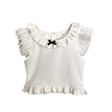 Amfeov back to school Summer White Japanese Kawaii Tanks Women Flying Sleeve Lace Sweet Crop Tops Female Bow Korean Fashion Elegant Clothing 2024 New