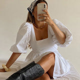 Amfeov back to shcool Summer Dresses For Women 2024 New Princess Sleeve A Line Neck Backless Slimming Dress White High Waist Short Dress