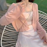 Amfeov Pink Fashion Knitted Jacket Summer E Girl Full Sleeve V-Neck Slim Short Cropped Cardigan New Sweet Cute Solid Women Tshirts 2022