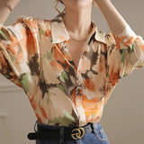 Amfeov back to school 2024 Spring Summer Casual Silk Shirts Vintage Print Chiffon Shirt Women Button Up Lady Tops Long Sleeve Satin Blouse Women 21808