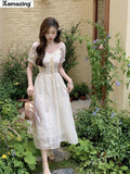 Amfeov Summer Women Elegent Party Midi Lace Dress Female Fashion Fairy Chic Clothes Vestidos