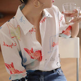 Amfeov back to school 2024 Spring Summer Casual Silk Shirts Vintage Print Chiffon Shirt Women Button Up Lady Tops Long Sleeve Satin Blouse Women 21808