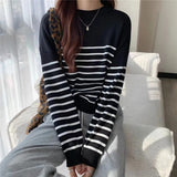 Amfeov Women Knitted Pullovers Shirt Autumn Winter Clothes Solid Round Neck Stripe Sweaters Jumper Female Long-Sleeved Tops