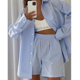 Amfeov Loung Wear Women's Home Clothes Stripe Long Sleeve Shirt Tops And Loose High Waisted Mini Shorts Two Piece Set Pajamas