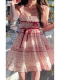 Amfeov hoco dresses back to school Summer Floral Korea Kawaii Dress Women France Vintage Elegant Party Mini Dresses Lace Print Casual Sweet Cute Fairy Dress 2024