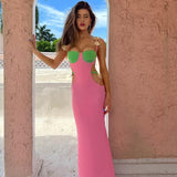 Amfeov Sexy Straps Maxi Dress Elegant Pink Hollow Out Bodycon Dress for Women 2022 Summer Fashion Sleeveless Club Party Dress Outfits
