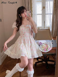 Amfeov hoco dresses back to school Floral Lace Korean Sweet Dress Women France Vintage Elegant Party Mini Dresses Female Print Casual Beach Boho Fairy Dress Summer