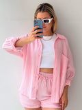 Amfeov Back to School Summer Mini Shorts Set Women Fashion Solid Tracksuit Casual Loose Long Sleeve Shirt Two Pieces Sets Vacation Beach Outfits 2024