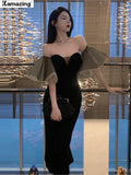 Amfeov Summer French Style Women Elegant Party Prom Black Dress Female Fashion Sexy Spaghetti Strap Chic Clothes Vestidos