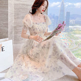 Amfeov back to school Casual Floral Party Dress Summer White Chiffon Long Dress Elegant Short Sleeve Fairy Dresses for Women Clothing Vestidos 20044