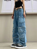 Fall outfits back to school Sigutan New Multi-Pocket Blue Washed Cargo Pants Retro High Street Fashion High Waist Jeans Couple Simple Casual Wide Leg Pants