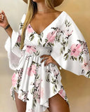 Amfeov Summer 2022, Women's Dress, Floral Print, Bat Sleeves, Asymmetric Dress, Casual Miniskirt