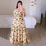 Amfeov Summer Floral Dress Women Plus Size Elegant Off Shoulder Party Dress High Quality Chiffon Ruffle A-Line Dress Casual