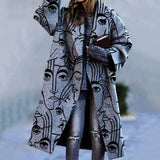 Amfeov Autumn Winter Women Buttons Jacket Coat Fashion Vintage Print Turn-Down Collar Women Long Sleeve Jacket Outerwear Abrigos