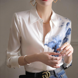 Amfeov back to school 2024 Spring Summer Casual Silk Shirts Vintage Print Chiffon Shirt Women Button Up Lady Tops Long Sleeve Satin Blouse Women 21808