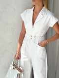 AMFEOV Office Ladies White Jumpsuits With Sashes Notched Zipper Wide Leg Rompers Short Sleeves Summer Fashion Formal Women
