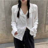 Black Friday Sales White Blouses Women Elegant Shirt Female Aesthetic Y2k Harajuku Pleated Chic Long Sleeve Top Ladies Loose Korean Vintage