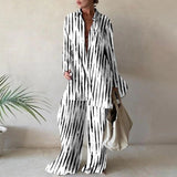 Aimays  Striped Print 2 Piece Set Women Loose Long Sleeve Blosue Wide Leg Pants Suit 2022 Elegant Office Ladies Outfits Summer Tracksuit