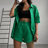 Amfeov Loung Wear Women's Home Clothes Stripe Long Sleeve Shirt Tops And Loose High Waisted Mini Shorts Two Piece Set Pajamas