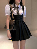 Amfeov back to school Hot Girl College Style JK Uniform Puff Sleeves Black Suspenders Black Pleated Dress Female Summer Suit