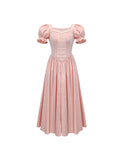 Amfeov back to school Summer Pink France Vintage Dress Women Square Collar Evening Party Midi Dress Female Lace Puff Sleeve Elegant Sweet Fairy Dress