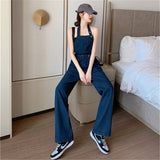 Amfeov High Waist Casual Halter Neck Denim Overalls Women's Summer 2022 New Loose Straight Wide-Leg Mopping One-Piece Trousers