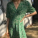 Amfeov back to school French Style Green Long Dress Summer Floral Printed V-neck Dress for Women Casual High Waist Mid Length New Dress Vestido 14146