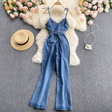 Amfeov Cotton Elegant Denim Jumpsuit Women Sleeveless Belted Fashion Hipster Casual High Street Wide Legs Activewear Outfits