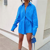 Amfeov Loungewear Women Blue Suits With Shorts Casual Loose Long Sleeve Cardigan Shirt Two Piece Set Sleepwear Summer Pajamas