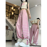 Amfeov Barbie outfits Women's Pink Plaid Pants Summer New Street Sweet Style Female Loose High Waist Straight Leg Casual Trousers